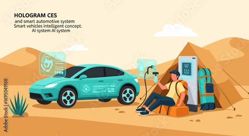 Futuristic Camping Adventure: Man Relaxing with Autonomous Car and Advanced Technology