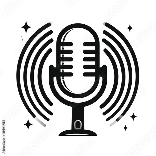Retro Microphone with Sound Waves and Stars.