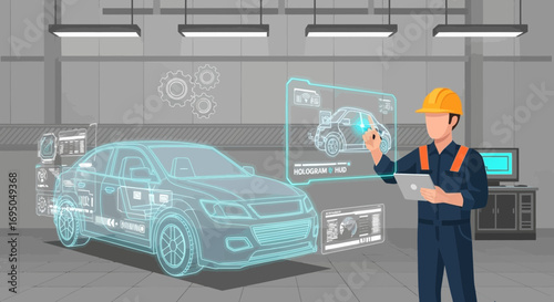 Futuristic car design and engineering concept with augmented reality interface and technology