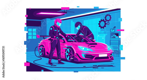 Futuristic car racing team maintenance in garage with vibrant neon colors and modern style