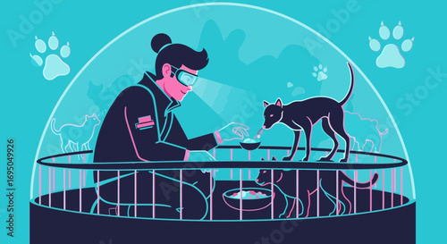 Futuristic cat caretaker providing care for adorable felines in a contained environment