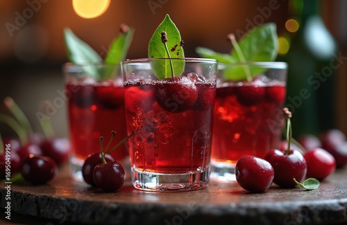 Wallpaper Mural Three glasses of cherry brandy liqueur with ripe berries and ice. Dark red alcoholic beverage garnished with fresh cherries and green leaves. A dark bottle is visible in the background. Torontodigital.ca