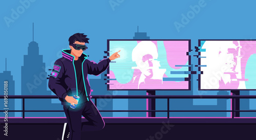 Futuristic city scene featuring a man using augmented reality technology interface