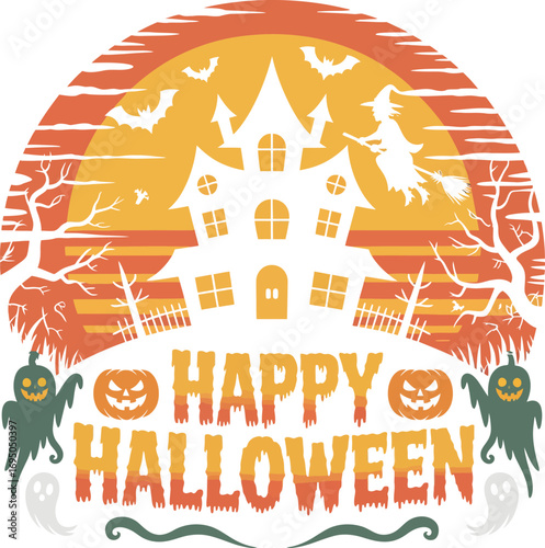 Vector art of happy halloween haunted house with witch, bats, pumpkins, and ghosts