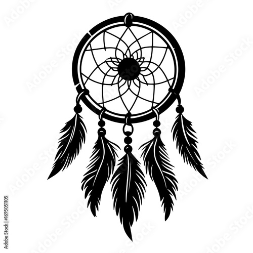 Dreamcatcher silhouette – boho tribal talisman with feathers icon, Native American lucky charm vector illustration for spirituality design