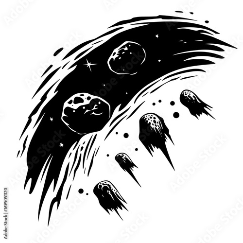 Meteor shower silhouette – dramatic comet trail with flying asteroids and stars, cosmic space scene vector illustration for sci‑fi poster or tattoo