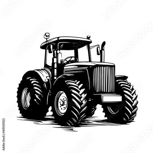 Farm tractor silhouette – rugged agricultural vehicle icon with large wheels, rural machinery vector illustration for farming logo or retro poster design
