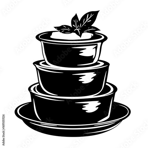 Stacked ceramic bowls silhouette – three nested dishes with basil garnish icon, minimalist kitchenware illustration for cooking blog logo or recipe design vector
