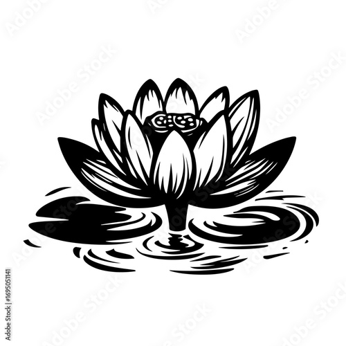 Water lily flower silhouette – serene lotus blossom floating on pond with lily pads icon, zen spa logo or meditation design vector illustration