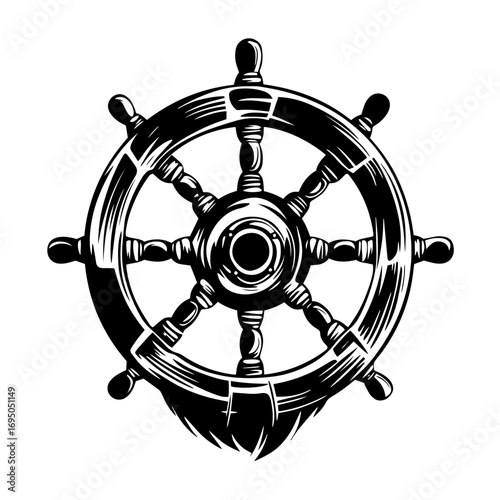 Ship wheel silhouette – vintage nautical helm steering icon, maritime navigation symbol illustration for sailor tattoo, boat logo or seaside decor vector design