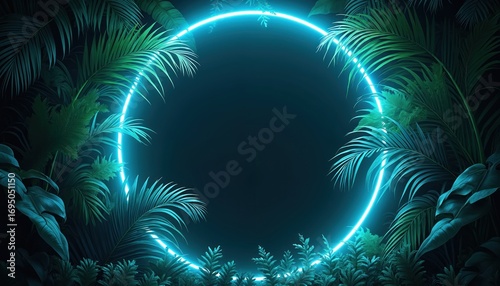 Fototapeta Naklejka Na Ścianę i Meble -  Tropical glowing neon circle frame with dark night jungle palm leaves. Summer background design for advertising, party invitations, or nightclub flyers.