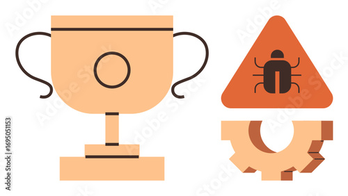 Trophy symbolizing success, warning triangle with bug icon for debugging, gear wheel for system operations. Ideal for development, QA, debugging, coding, software engineering, technology flat