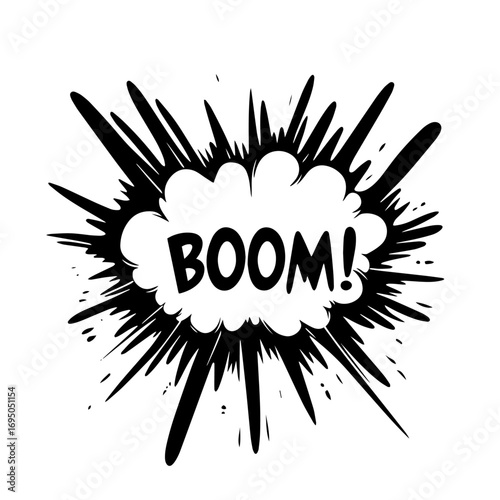 Comic boom explosion bubble silhouette – dynamic onomatopoeia speech cloud icon, pop art blast vector illustration for sticker, logo or poster design