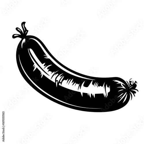Sausage silhouette – plump smoked sausage link icon with tied ends, butcher shop meat illustration for barbecue menu, deli logo or recipe vector design