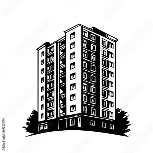 Apartment high‑rise building silhouette – tall residential block tower icon, modern city architecture vector illustration for real estate logo, skyline brochure or urban planning design