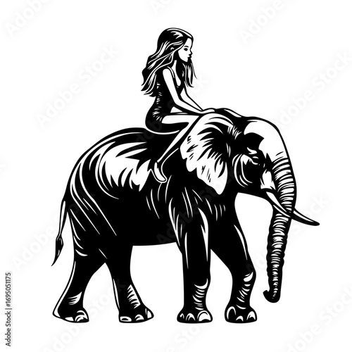 Girl riding elephant silhouette – adventurous woman seated on giant pachyderm icon, exotic travel safari vector illustration for tourism logo, storybook art or tattoo design
