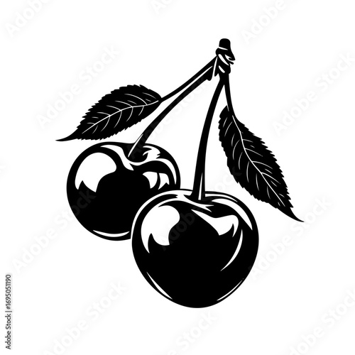 Cherry fruit pair silhouette – juicy twin cherries with leaves icon, sweet dessert ingredient vector illustration for farm label, jam recipe or tattoo design