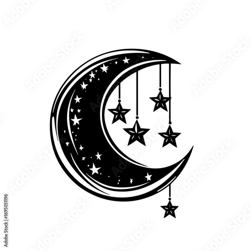 Crescent moon with hanging stars silhouette – celestial dreamcatcher ornament icon, mystical night sky vector illustration for boho tattoo, nursery decor or logo design