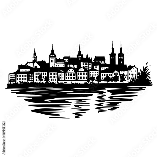 Riverside old town silhouette – historic cityscape with church towers reflected in water icon, picturesque European skyline vector illustration for travel poster or souvenir logo design