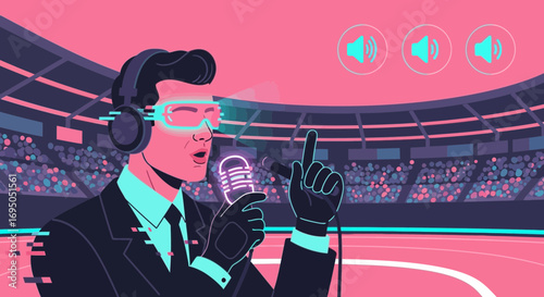 Futuristic Event Announcer in Virtual Reality at a Sporting Arena with Neon Lights