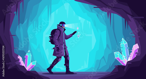 Futuristic explorer discovering crystals in a glowing cave illustration art style vector