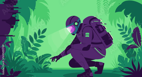 Futuristic explorer in the jungle examining flora, vibrant colors and lush vegetation, in flat