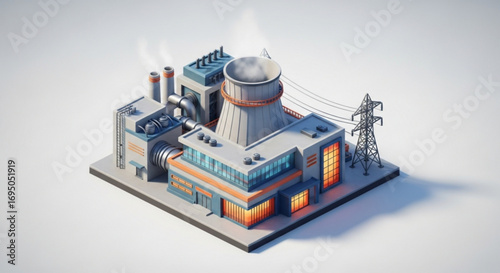 Isometric nuclear power plant illustration for energy production and industrial technology concept design