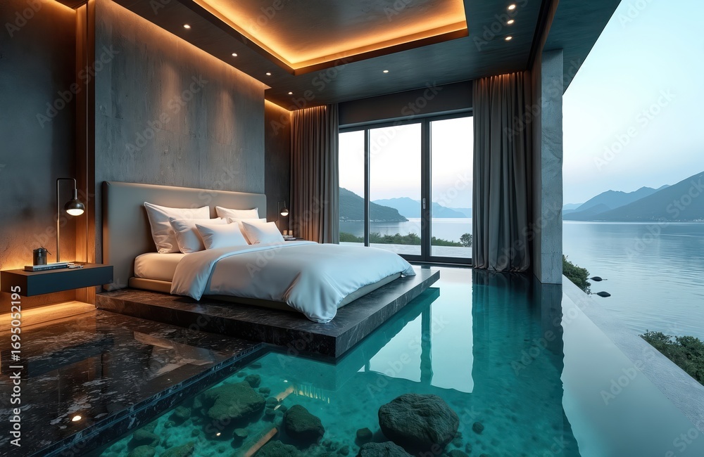 Fototapeta premium Luxurious hotel room featuring glass floor with submerged rocks, overlooking serene mountains, water. Modern design incorporates stone, wood elements. Offers tranquil, comfortable, exclusive escape.