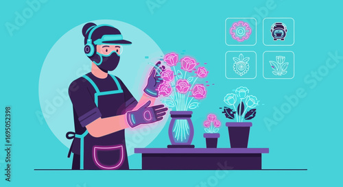 Futuristic florist working with virtual flowers in a neon lit flower shop setting with technology