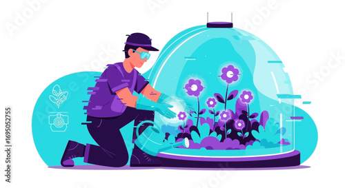 Futuristic garden care in a biodome with advanced technology and vibrant flowers