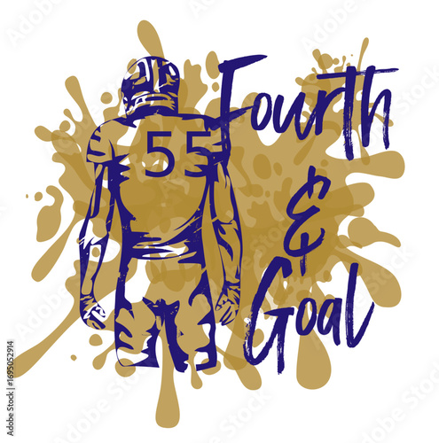 Sketch-style football illustration with player number 55 and “Fourth and Goal” text. Gold paint splashes and bold purple lines create a gritty, high-impact sports design.