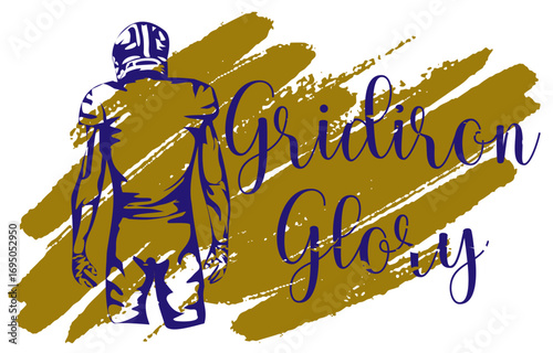 Sketch-style football player with “Gridiron Glory” text on gold brush strokes. A bold design capturing game-day tension, grit, and competitive spirit in purple tones.
