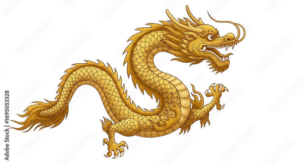 Fototapeta premium Golden dragon illustration isolated on white background for design and decoration purposes