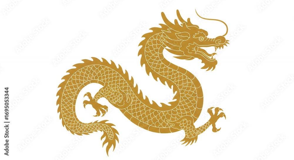 Fototapeta premium Golden dragon illustration isolated on white background for symbolism and design