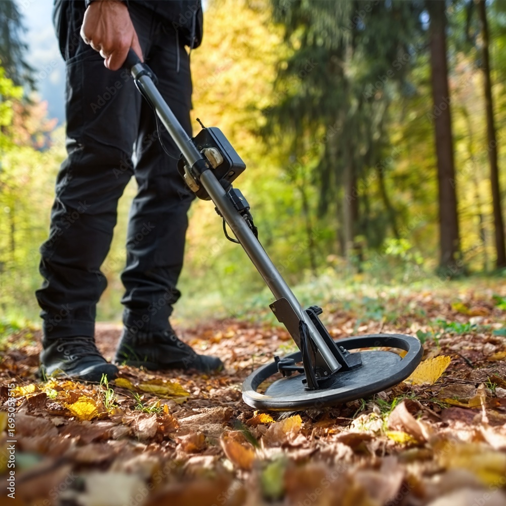 Obraz premium Man using a metal detector to find treasure in a sunlit autumn forest landscape.
