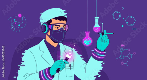 Futuristic laboratory research with scientist analyzing chemicals with digital augmented reality