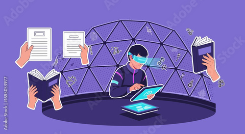 Futuristic learning environment concept, with digital books and virtual reality tools for