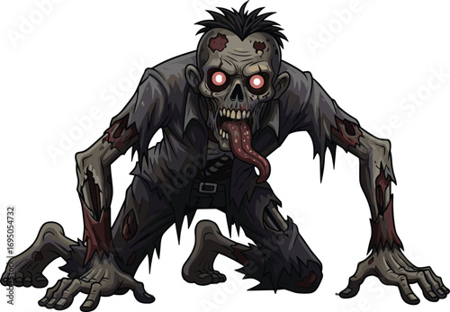 Crouching zombie cartoon, grotesque undead character, glowing red eyes monster, cad drawing flat vector illustration, Halloween horror theme art