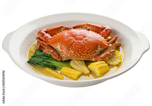 Wallpaper Mural A vibrant crab dish featuring corn and leafy greens in a white bowl with a yellow broth base on transparent background Torontodigital.ca