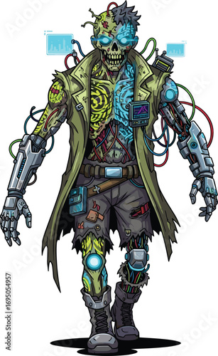 Cyberpunk zombie cyborg, futuristic horror character, glowing blue tech, post-apocalyptic android, trench coat robot, cad drawing flat vector illustration