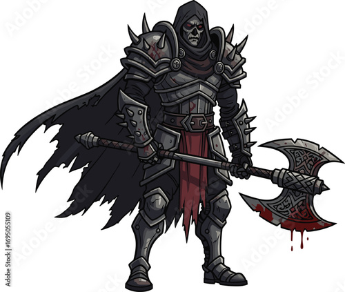 Dark fantasy warrior, undead knight, gothic armor, battle axe, skull face, horror character, combat pose, blood weapon, cad drawing, flat vector illustration