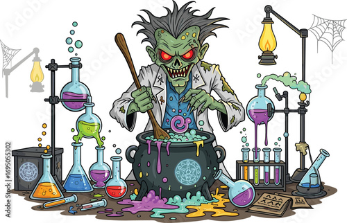 Mad scientist zombie, cartoon character, green skin, spooky lab, bubbling cauldron, Halloween theme, cad drawing, flat vector illustration