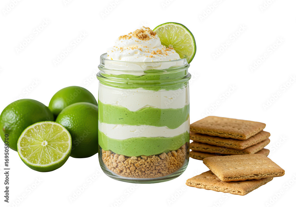custom made wallpaper toronto digitalKey lime pie dessert in a jar with graham crackers and fresh limes on a plain, simple surface on transparent background
