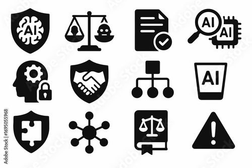 Solid AI ethics icons. Includes symbols for balance, explainability, trust, justice, risk and ethical standards. Minimal vector pack for AI governance.
