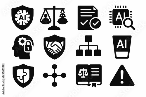 AI ethics icon set. Solid vector icons of bias detection, fairness, approval, transparency, networks and handshake. Ethical AI collection.