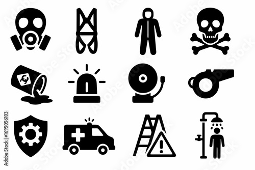 Solid safety icons. Includes symbols for protective suits, emergency alerts, safety whistle, shower station, ladder risk and workplace protocols. Modern vector collection.