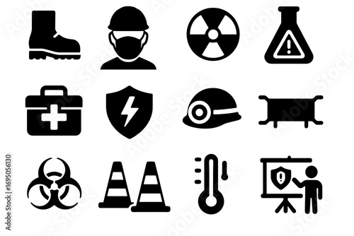 Work safety icon set. Solid vector icons of boots, mask, radiation, chemical, biohazard, shield, stretcher and training. Hazard prevention pack.