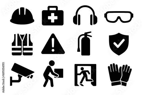 Work safety icon set. Solid vector icons of hard hat, first aid, gloves, fire extinguisher, CCTV, goggles and vest. Hazard prevention pack.
