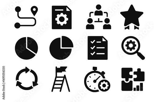 Solid best practices icons. Includes symbols for excellence, continuous improvement, teamwork, guidelines, inspection and achievement. Modern vector collection.