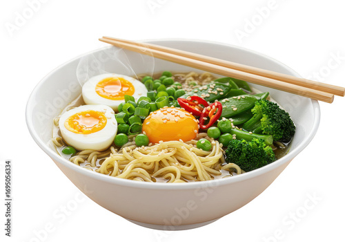 Wallpaper Mural A bowl of ramen with eggs peas broccoli and chopsticks rests in a white bowl close up view on transparent background Torontodigital.ca